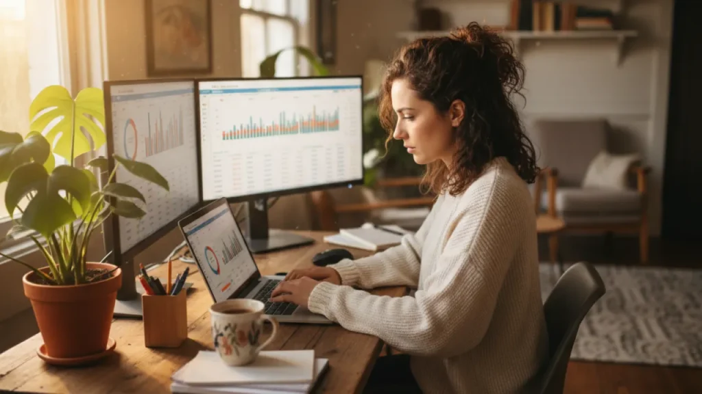 Young woman entrepreneur on laptop with multiple monitors showing analytics in cozy home setup, representing real side hustles that pay in 2026