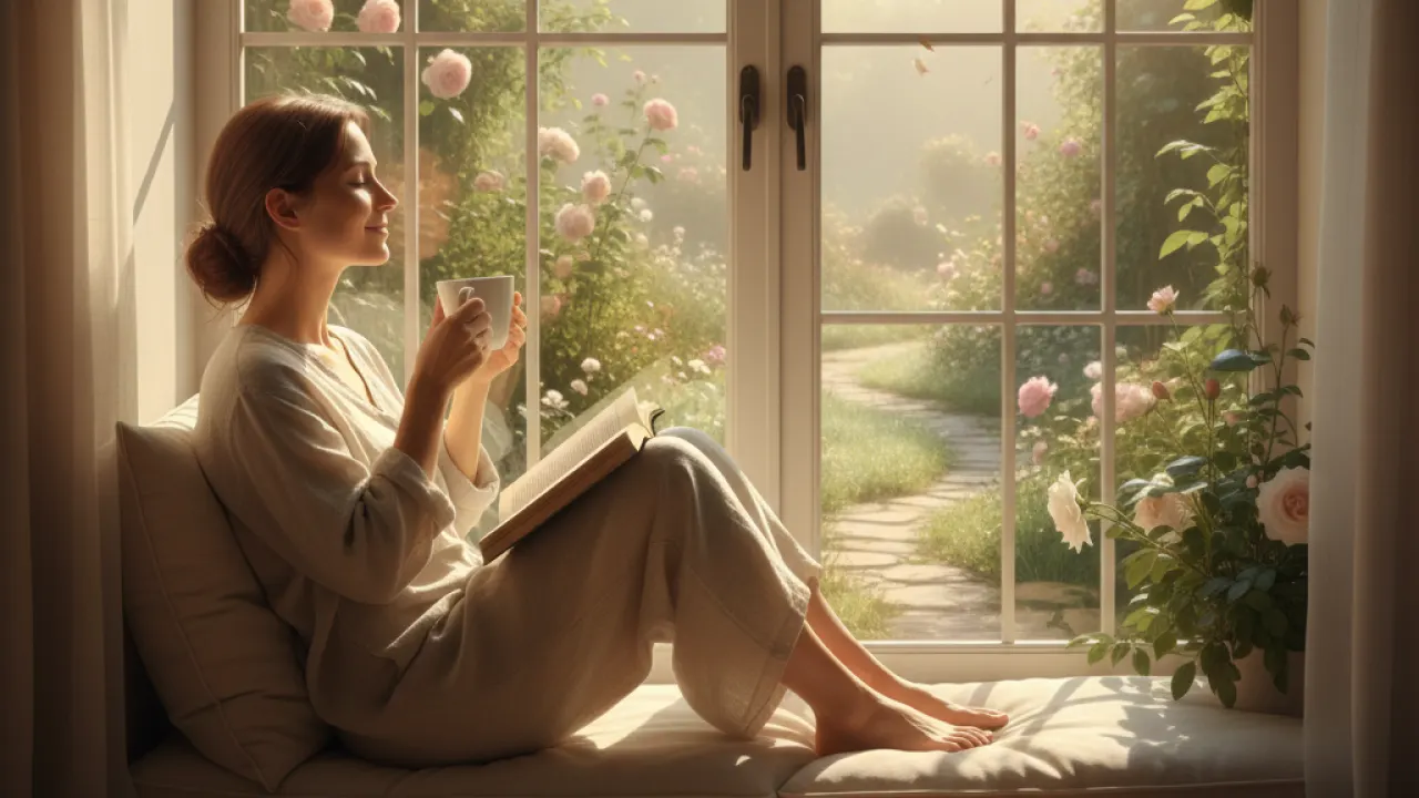 Calm peaceful person sipping coffee in window seat with book overlooking garden in golden light representing slow living as new status symbol