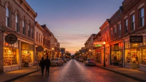 Charming small American town main street at twilight with vintage signs and warm lit shop windows, representing underrated US travel destinations