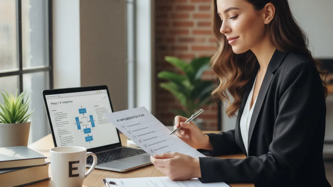 Small Business AI Implementation - Owner Reviewing Setup Small business owner reviewing AI implementation checklist on laptop at desk, representing how small businesses adopt AI