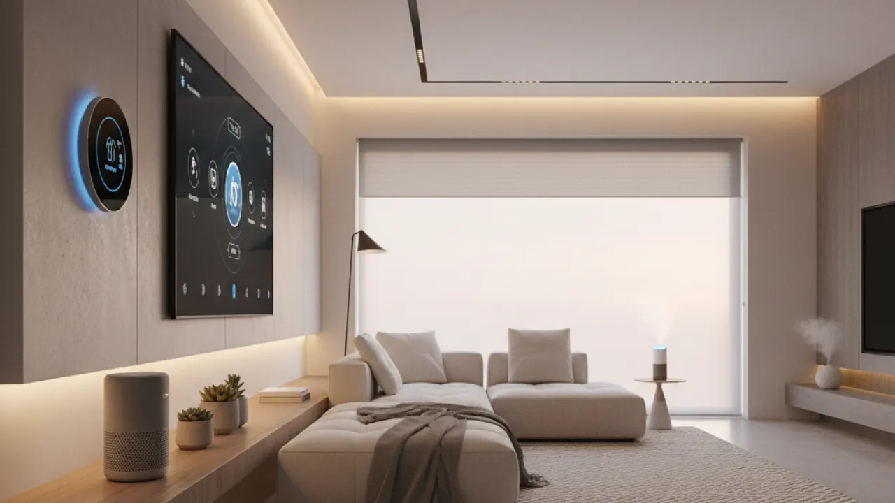 Modern smart home living room with smart speaker thermostat lighting and robot vacuum integrated representing best smart home gadgets 2026