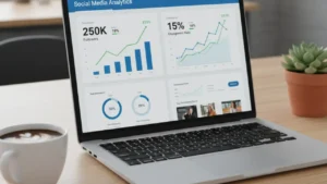 Laptop showing a social media analytics dashboard with growth charts and engagement metrics, representing measurement on modern platforms