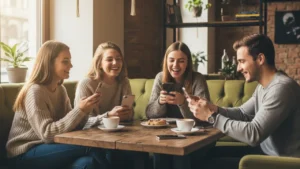 Young people scrolling social media on phones in a cafe, representing daily platform consumption