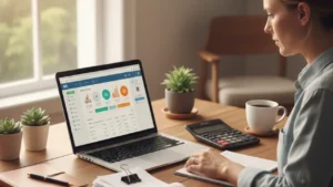 Bookkeeper at a desk with accounting software receipts and calculator, representing the bookkeeping service business model