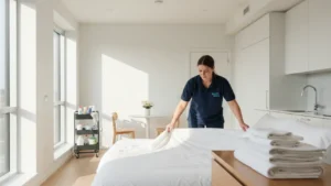 Professional cleaner doing turnover cleaning of a modern short term rental, representing a high-demand service business