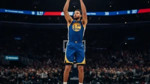 NBA star guard pulling up for a long-range three pointer with dramatic spotlight, representing the elite scoring guards