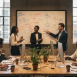 Diverse startup team in modern open office with whiteboard business strategy and laptops representing how to launch profitable startup 2026