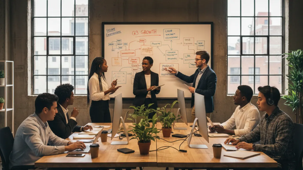 Diverse startup team in modern open office with whiteboard business strategy and laptops representing how to launch profitable startup 2026