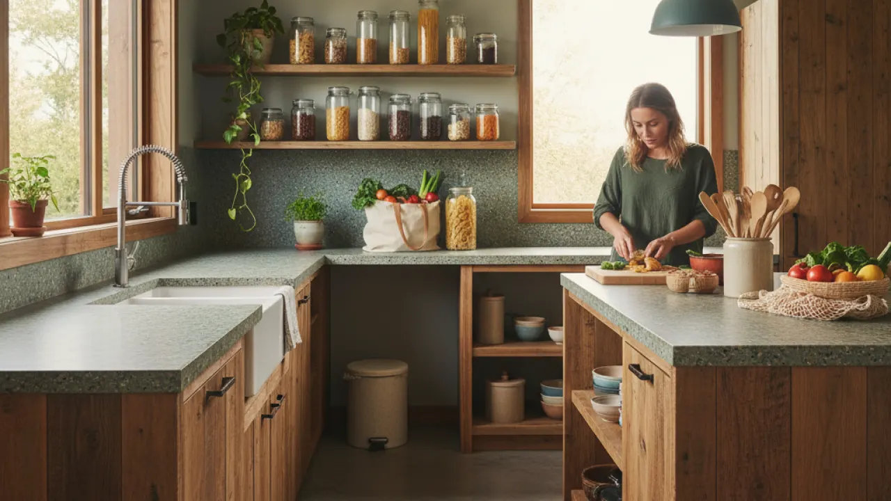 Sustainable home kitchen with reusable bags bamboo utensils glass containers and plants in natural light representing sustainable living habits 2026