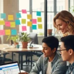 Team of three diverse people collaborating around laptop with project management software dashboard in modern coworking space with sticky notes representing best PM tools for small teams 2026