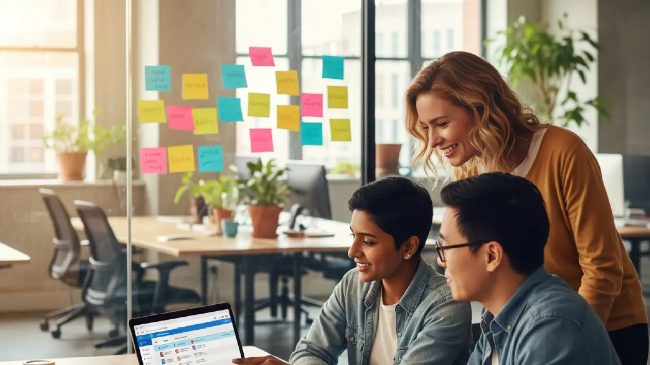Team of three diverse people collaborating around laptop with project management software dashboard in modern coworking space with sticky notes representing best PM tools for small teams 2026
