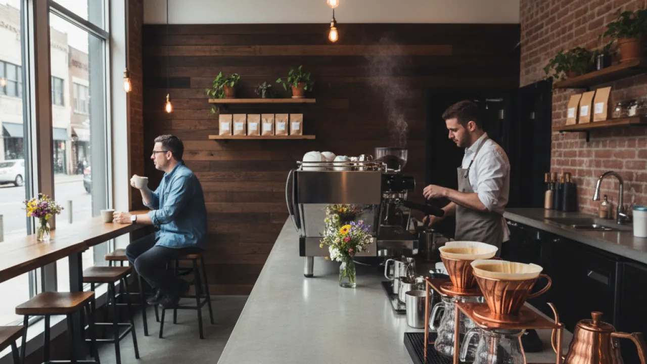 Modern third wave coffee shop with espresso bar pour over and latte art representing top coffee drinks and trends 2026