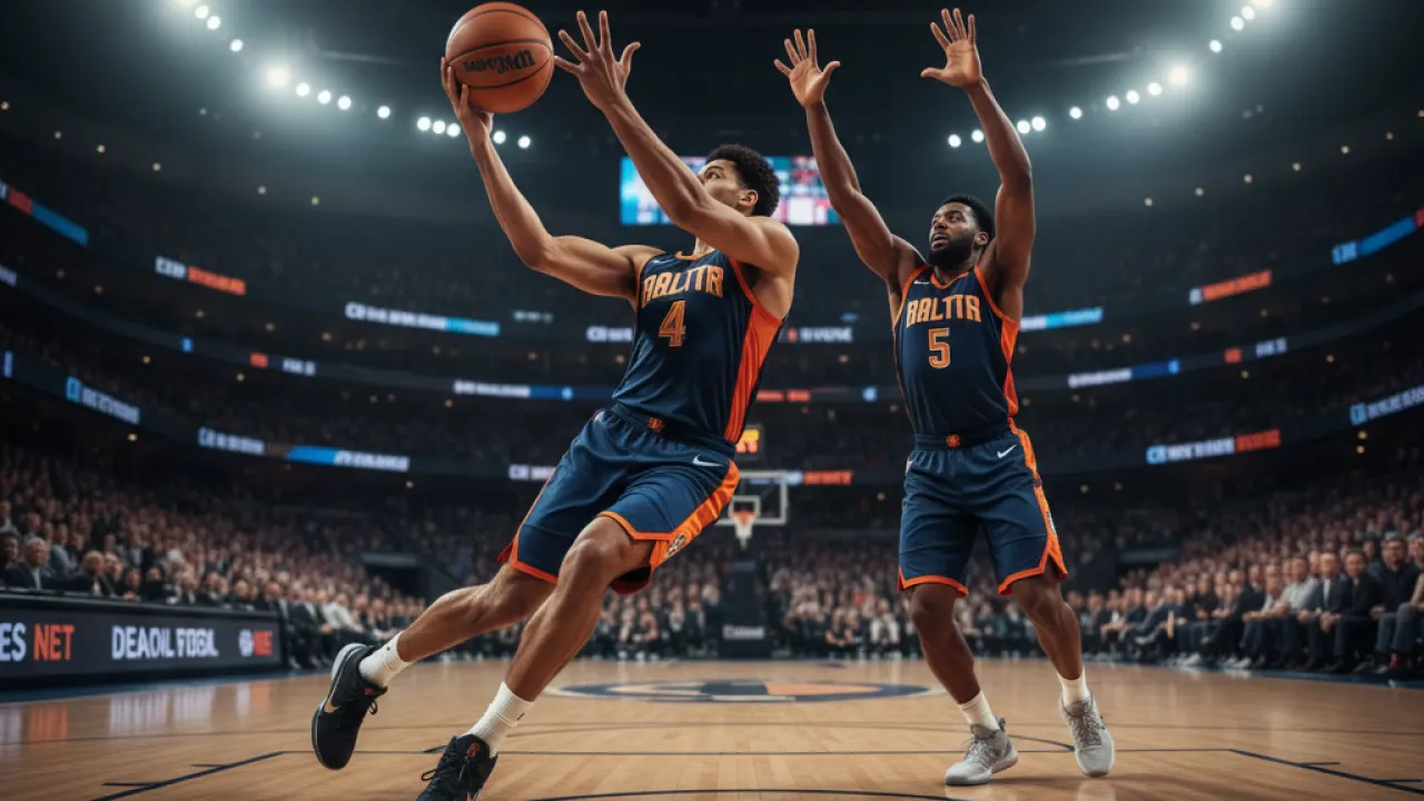 A basketball player releasing a three point shot from beyond the arc with defender reaching up, representing modern NBA shooting