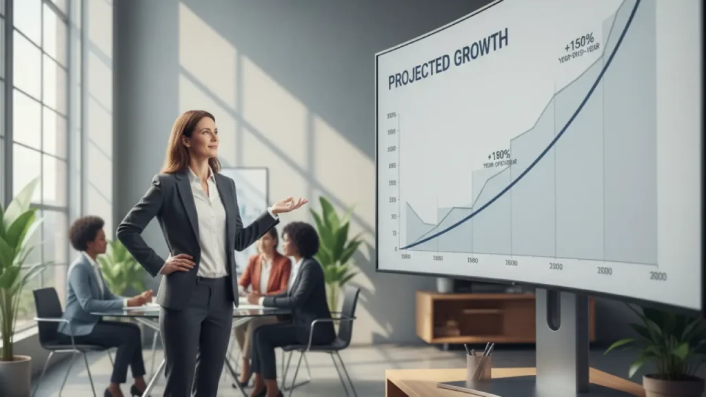 Entrepreneur reviewing growth chart on monitor with small team in background, representing the most successful businesses to start