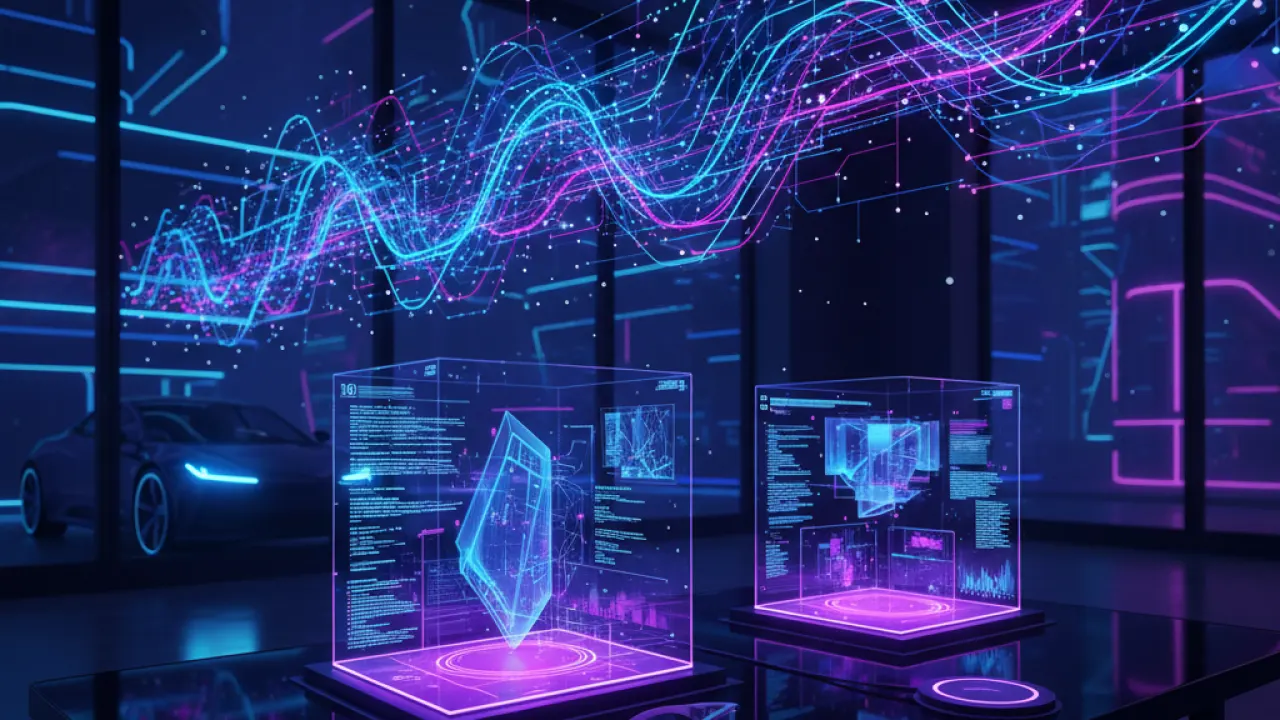 Futuristic visualization with AI neural networks holographic data AR glasses and electric car in dark blue purple scheme representing top tech trends 2026