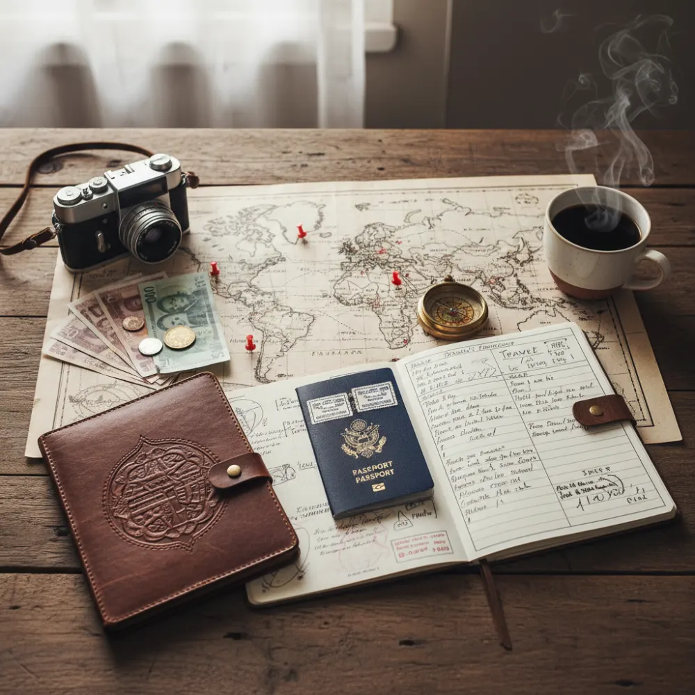 Travel planning flat lay with open passport, world map, notebook, and coffee, representing budgeting for the most beautiful places in the world