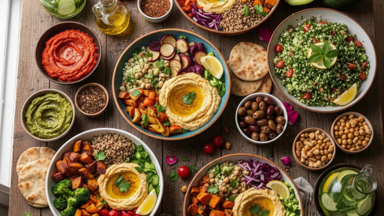 Beautiful vegetarian feast on rustic wooden table with Buddha bowls quinoa roasted vegetables hummus tabbouleh representing best vegetarian recipes 2026