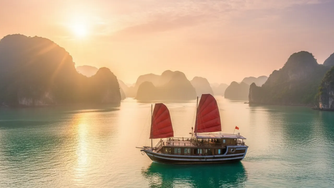 Wooden junk boat with red sails sailing past limestone karst islands in Ha Long Bay Vietnam at sunrise with mist, representing Vietnam as top Asia value destination 2026