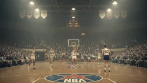 Vintage 1960s NBA arena interior with wooden bleachers and classic hardwood court, representing the early era of NBA greatness