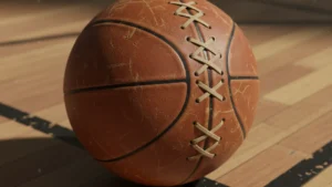 A vintage leather basketball on a hardwood arena floor, representing the early decades of pro basketball