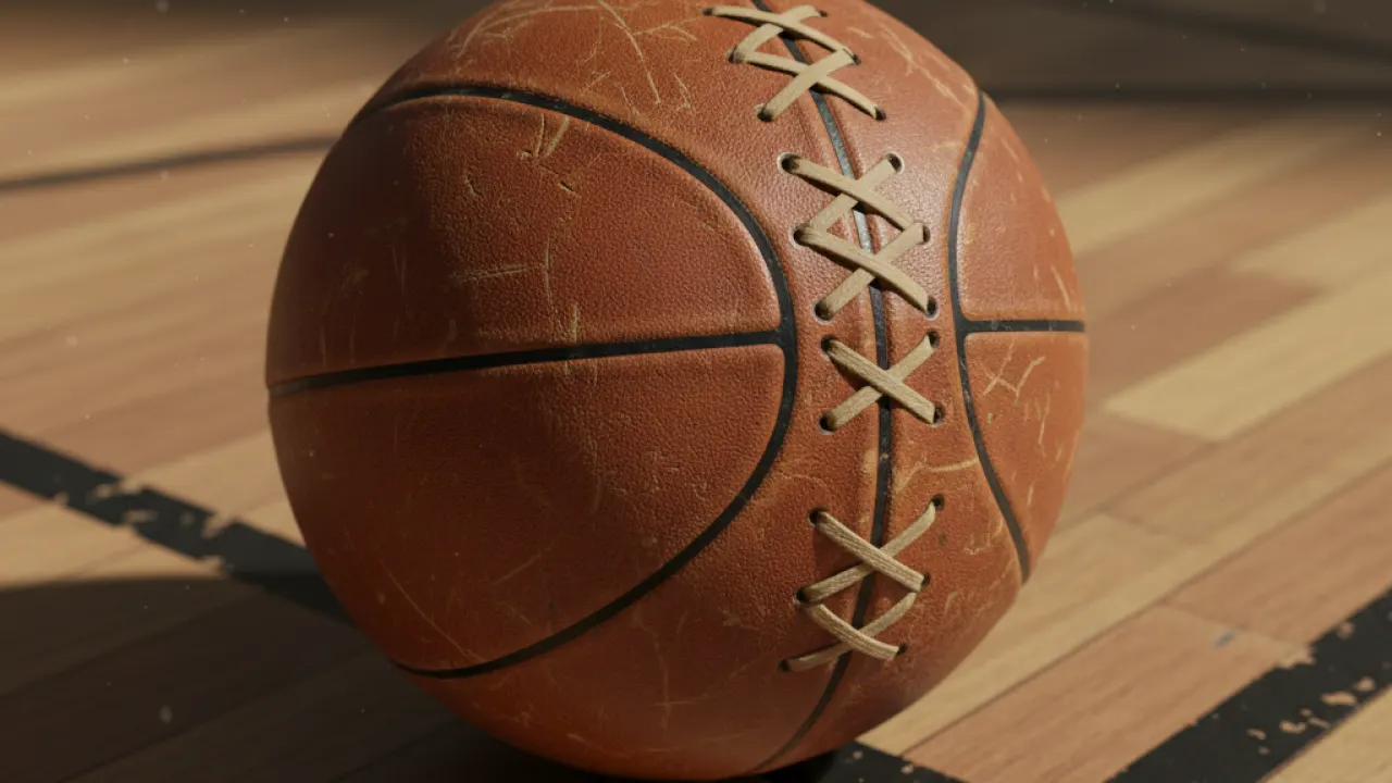 A vintage leather basketball on a hardwood arena floor, representing the early decades of pro basketball