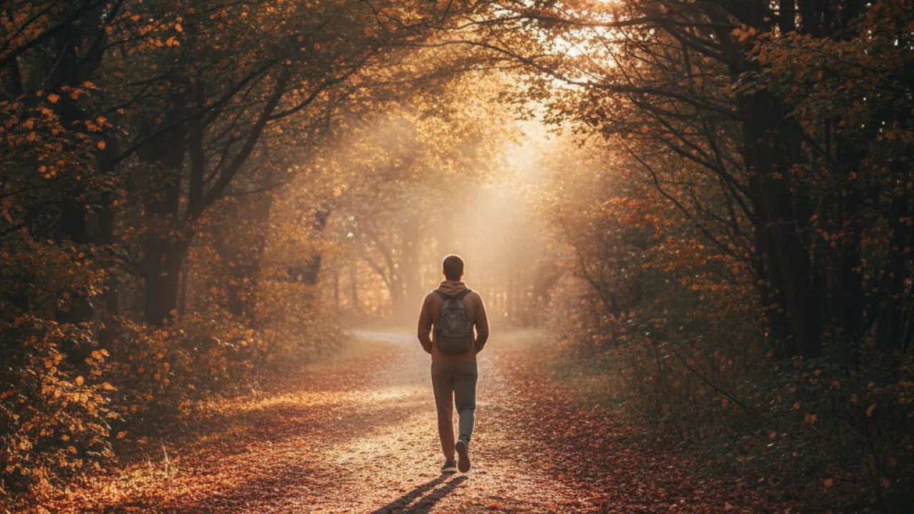 Walking Outdoors - Daily Walk for Mental Clarity A person walking on a tree-lined path at golden hour, representing the daily walking habit for mental clarity