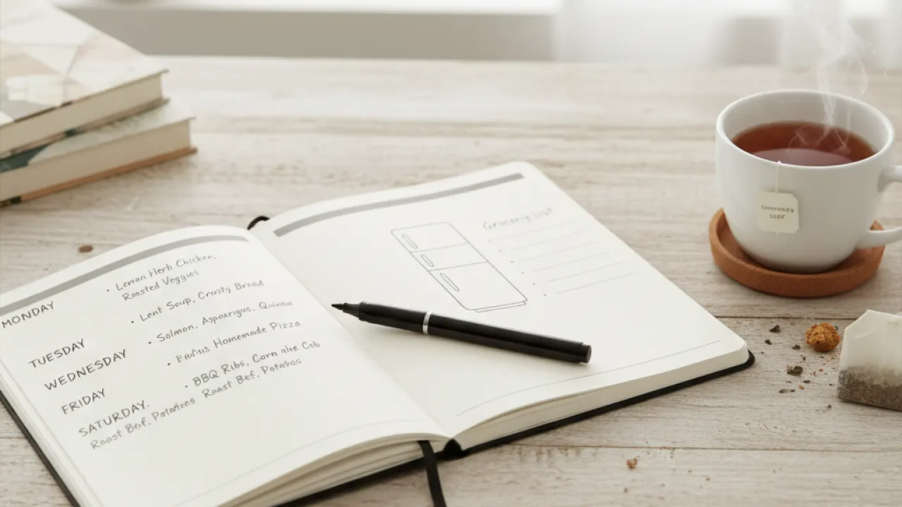 Open notebook with handwritten weekly meal plan and pen, representing meal planning for clean eating