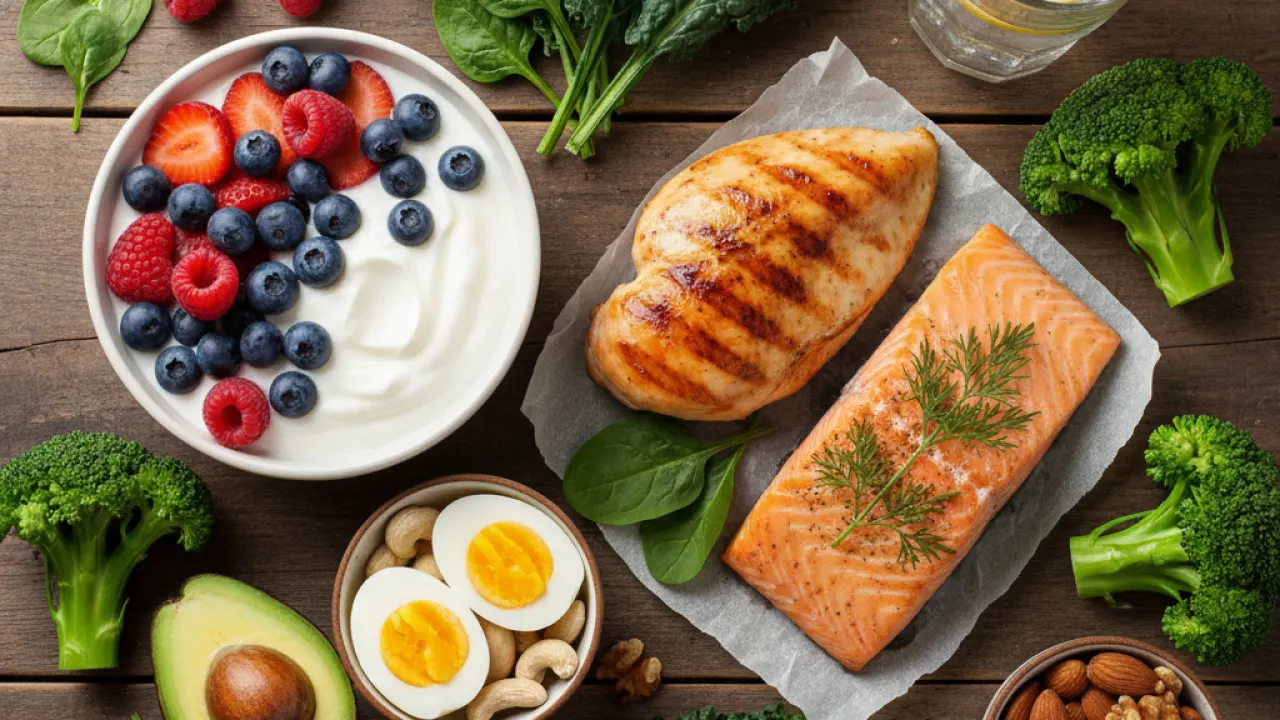 Vibrant healthy weight loss foods arranged on wooden table including grilled chicken salmon eggs Greek yogurt berries greens broccoli avocado nuts representing best foods for weight loss 2026