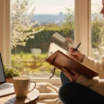 Person writing year plan in leather journal at sunny window seat with coffee and laptop representing how to plan 2027 year reflection