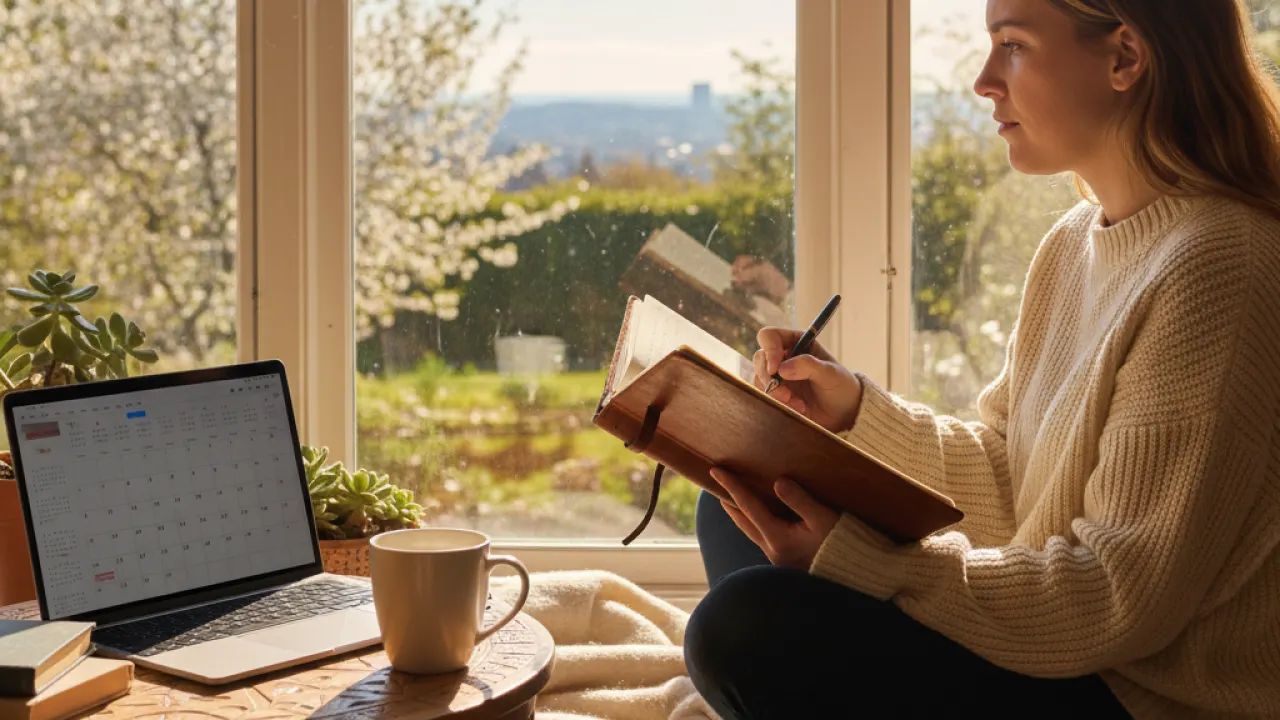 Person writing year plan in leather journal at sunny window seat with coffee and laptop representing how to plan 2027 year reflection