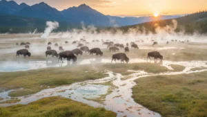 Bison grazing in a Yellowstone geyser basin at dawn, representing the wildlife and landscapes of American national parks