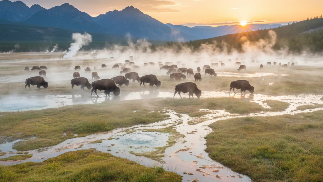 Yellowstone National Park - Bison and Geyser Basin at Dawn Bison grazing in a Yellowstone geyser basin at dawn, representing the wildlife and landscapes of American national parks