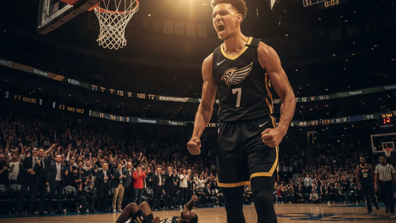 Young NBA Star Poster Dunk Young NBA superstar celebrating after a poster dunk with arena erupting behind, representing the next generation of best NBA players
