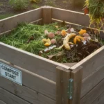beginner composting bin in a backyard showing how to start composting at home
