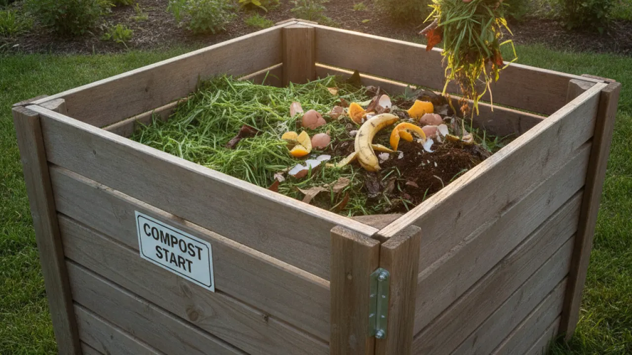 beginner composting bin in a backyard showing how to start composting at home
