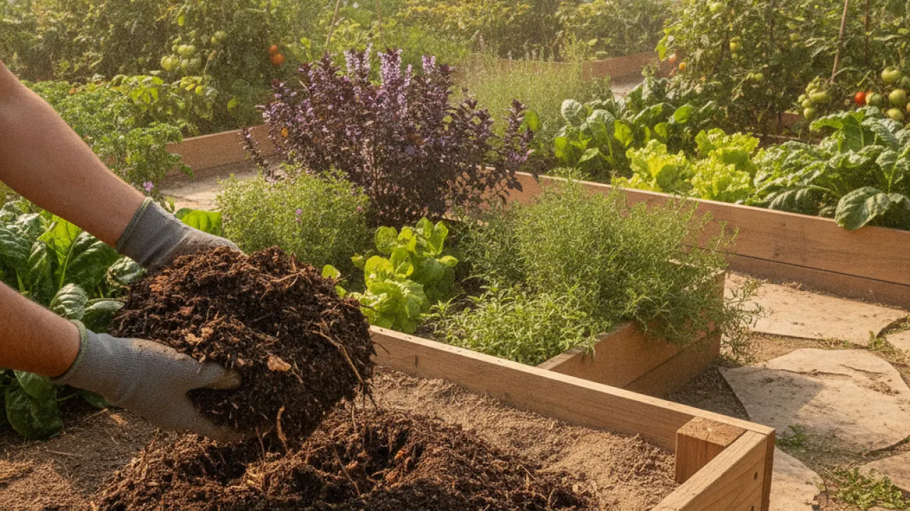 finished compost being added to garden soil showing the end result of composting for beginners