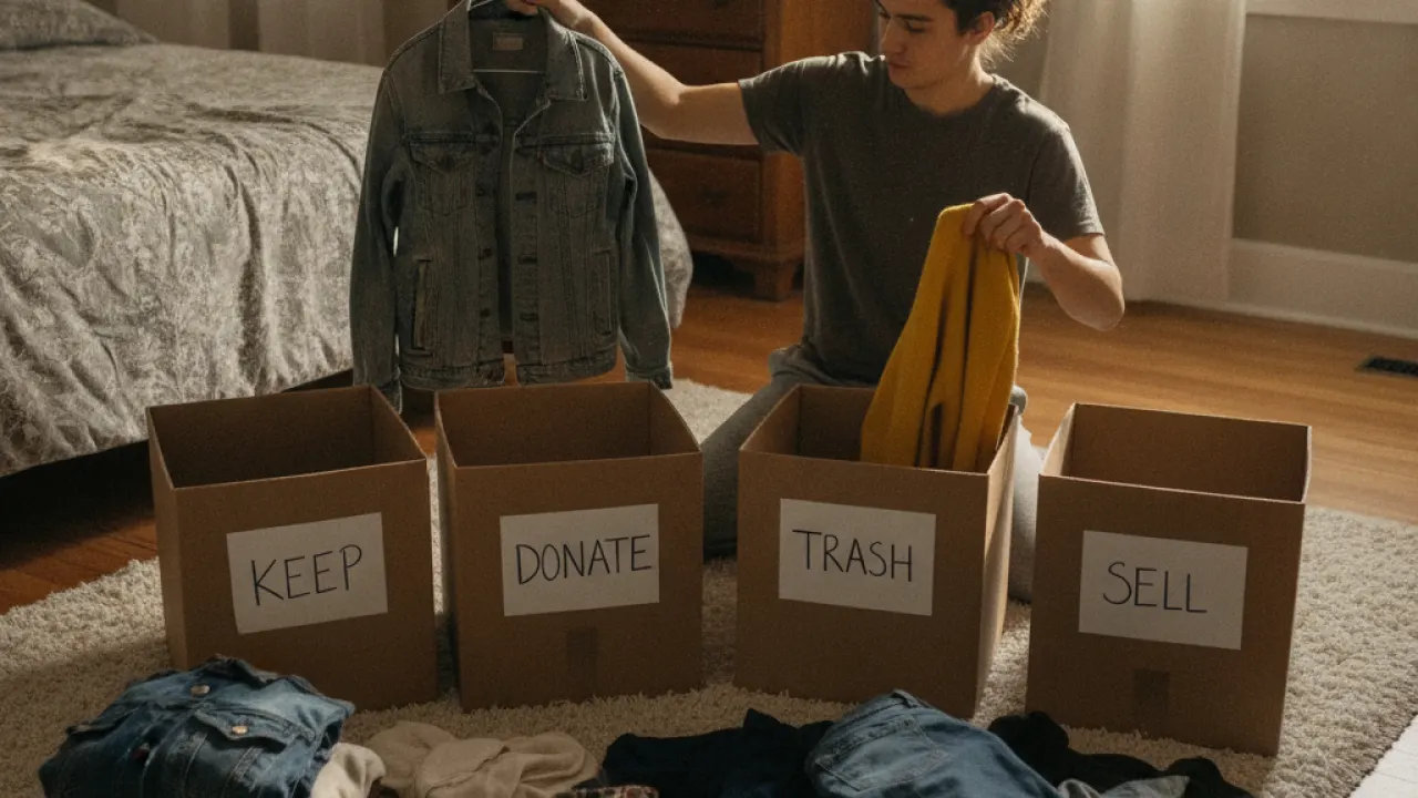 how to declutter home using four-box method in bedroom