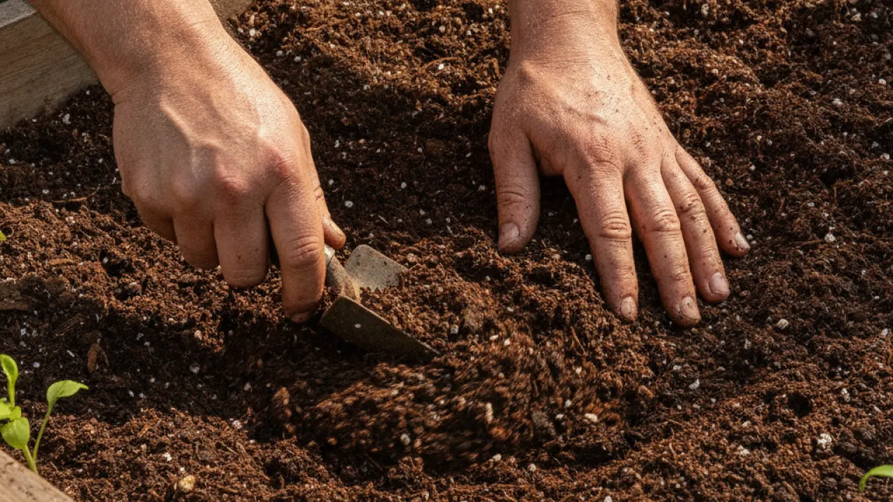 Person preparing soil in a vegetable garden bed