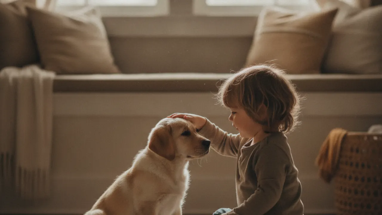 best family dogs labrador retriever puppy sitting gently with a young child
