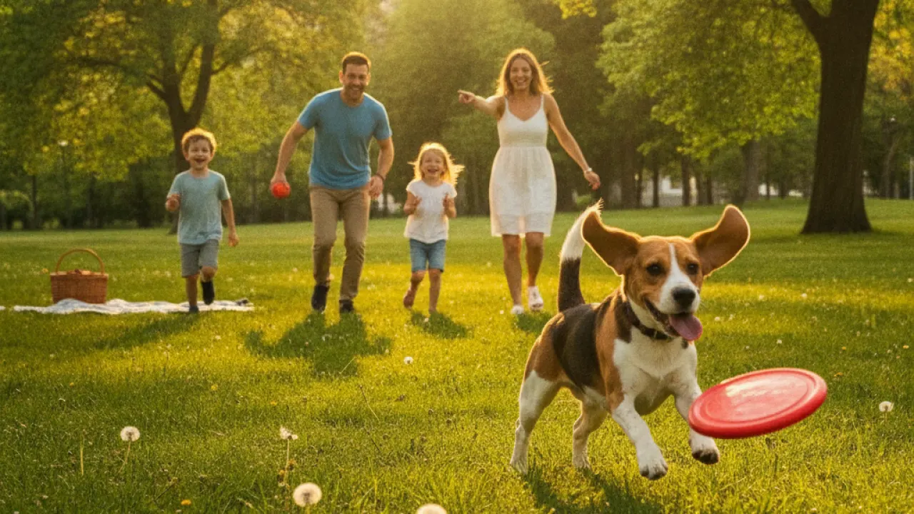 best family dogs beagle playing fetch with children in a park