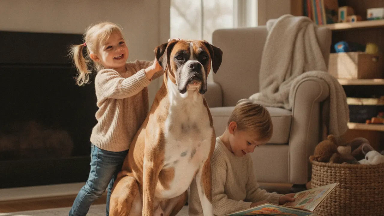 best family dogs boxer sitting calmly beside young children indoors