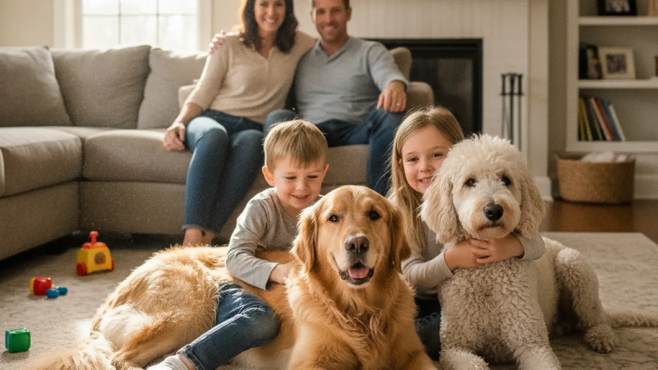 best family dogs golden retriever and poodle with a family at home