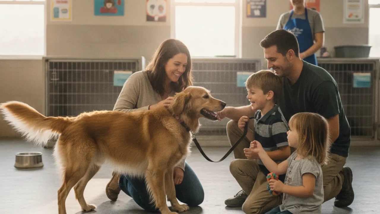 family choosing a best family dog at an animal shelter adoption scene