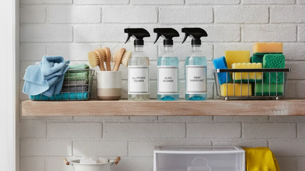 Cleaning supplies neatly arranged and ready for use