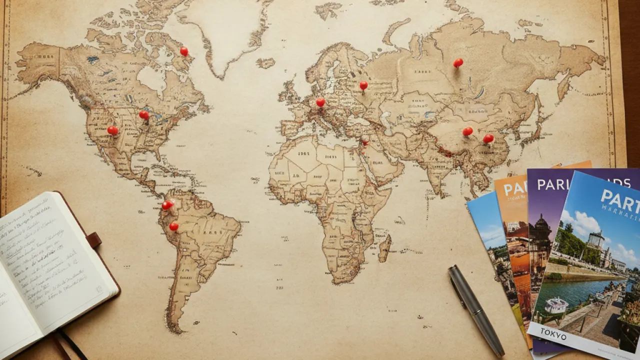 World map on a table with destination pins and travel brochures