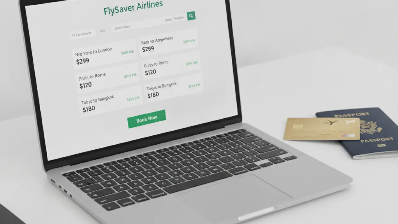Laptop showing a flight booking website with a credit card and passport on a desk