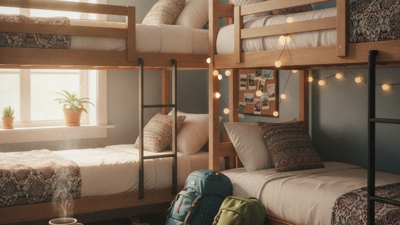 Clean budget hostel room with backpacks and natural light