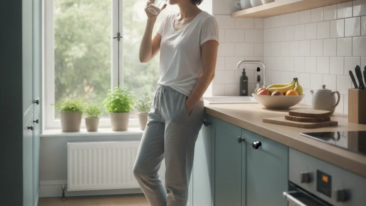 Person drinking water in the morning as part of a morning routine