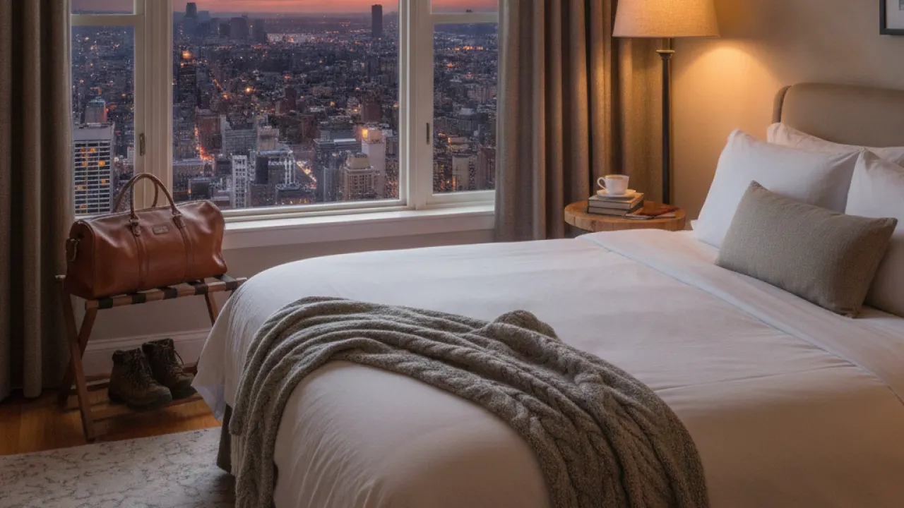 Cozy hotel room with city skyline view and travel bag near the window