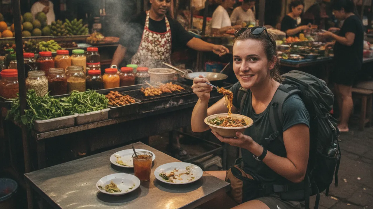 Traveler eating affordable street food at a local market